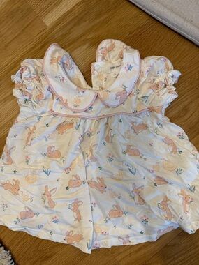 Angel Dear Cream Dress with Pink Trim and Peach Bunny Print